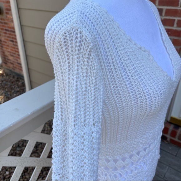 Velvet by Graham Spencer Crochet Knit White Dress V Neck 3/4 Sleeve MIDI Small - Picture 6 of 16